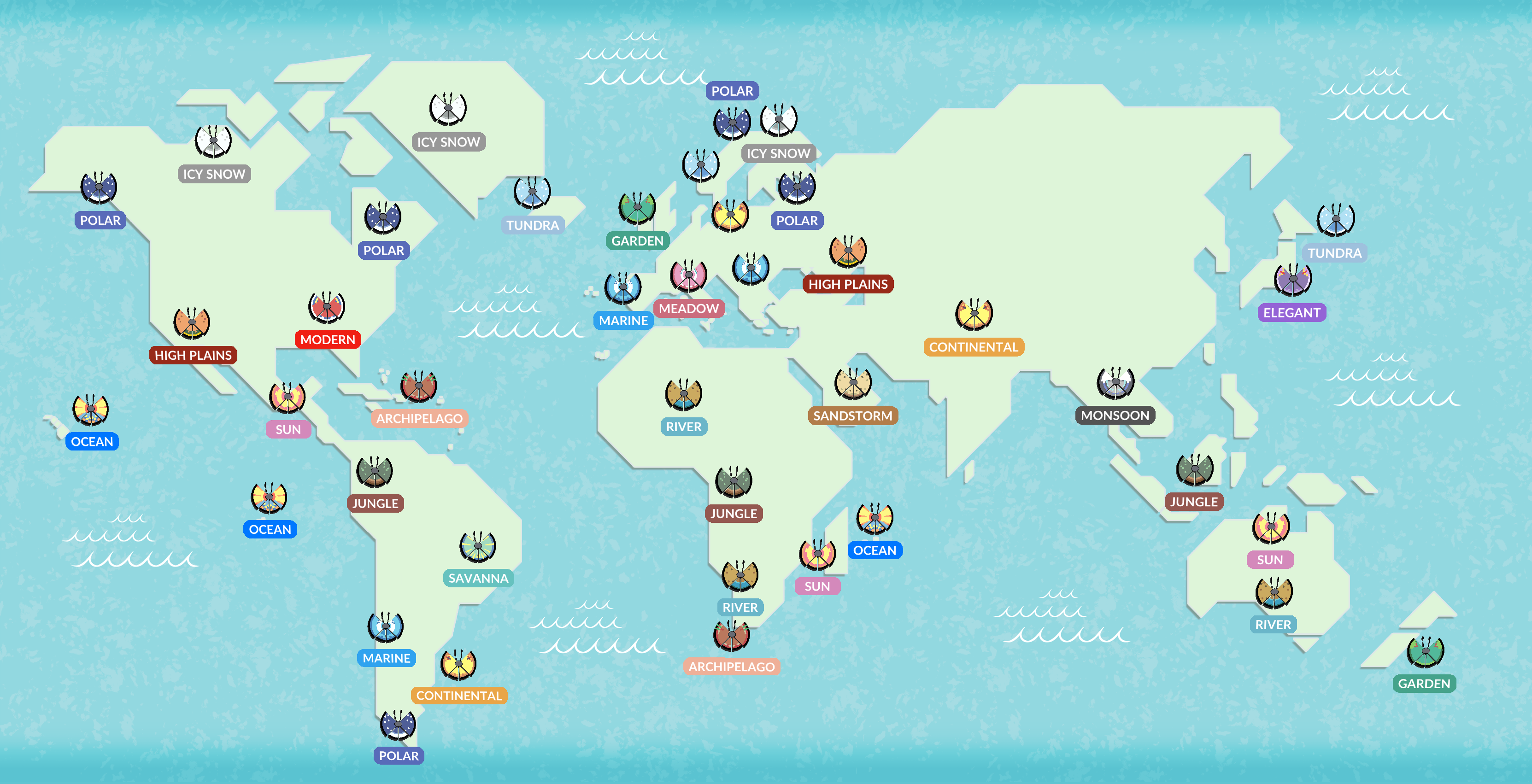 World map showing Vivillon habitat regions